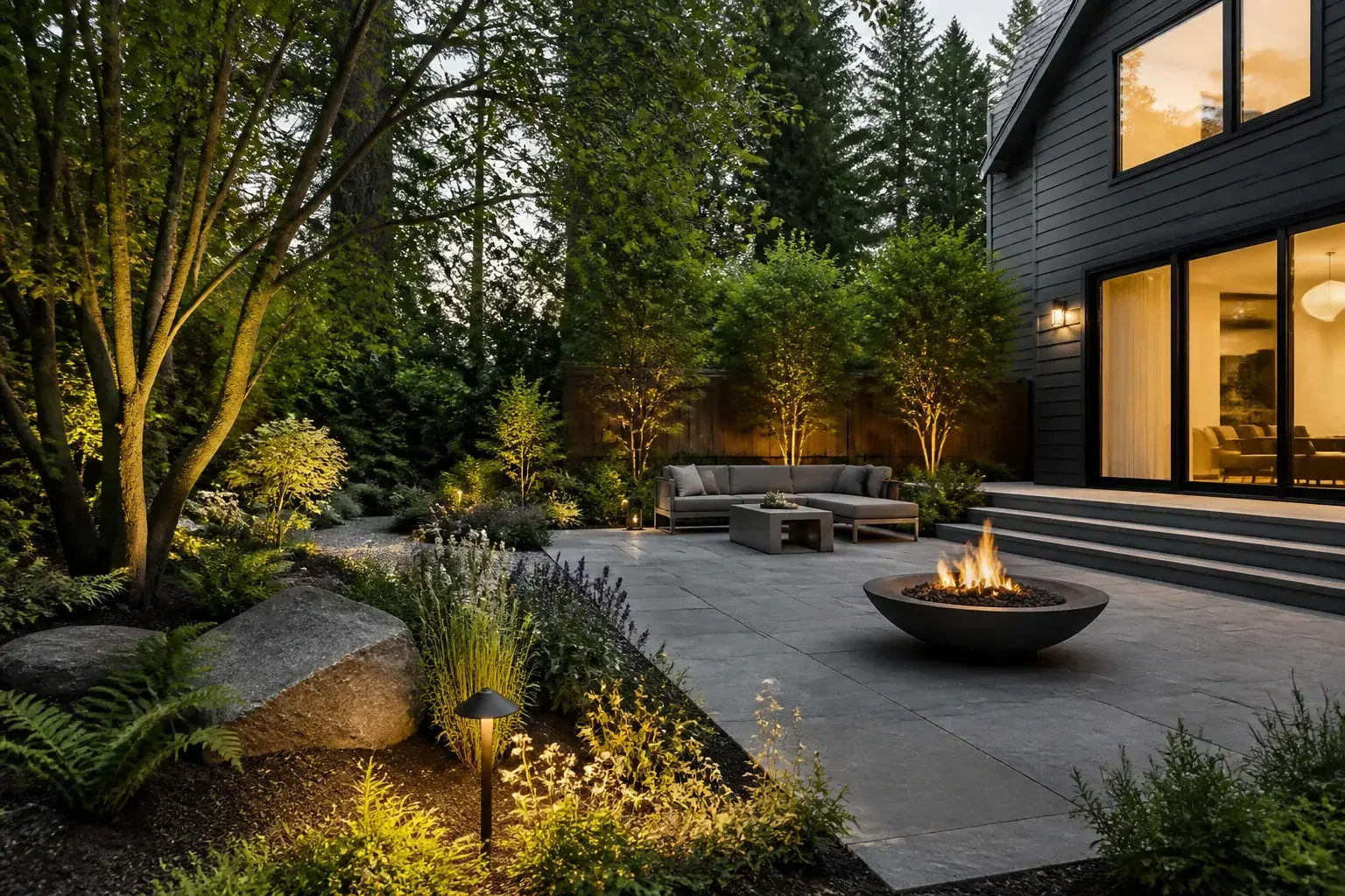 Finished Portland backyard landscape with patio and garden lighting
