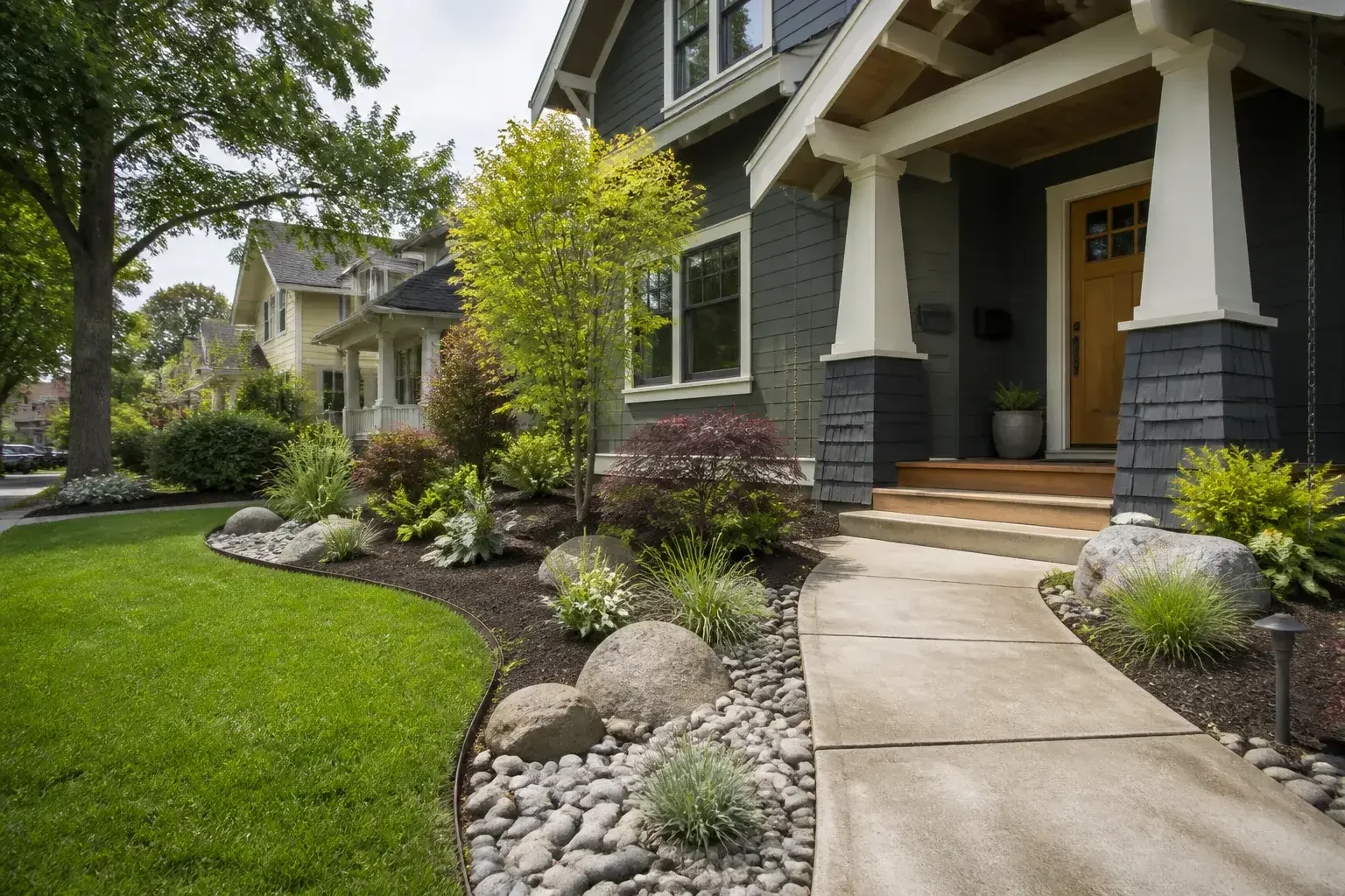Completed front yard landscape beside a Craftsman-style house