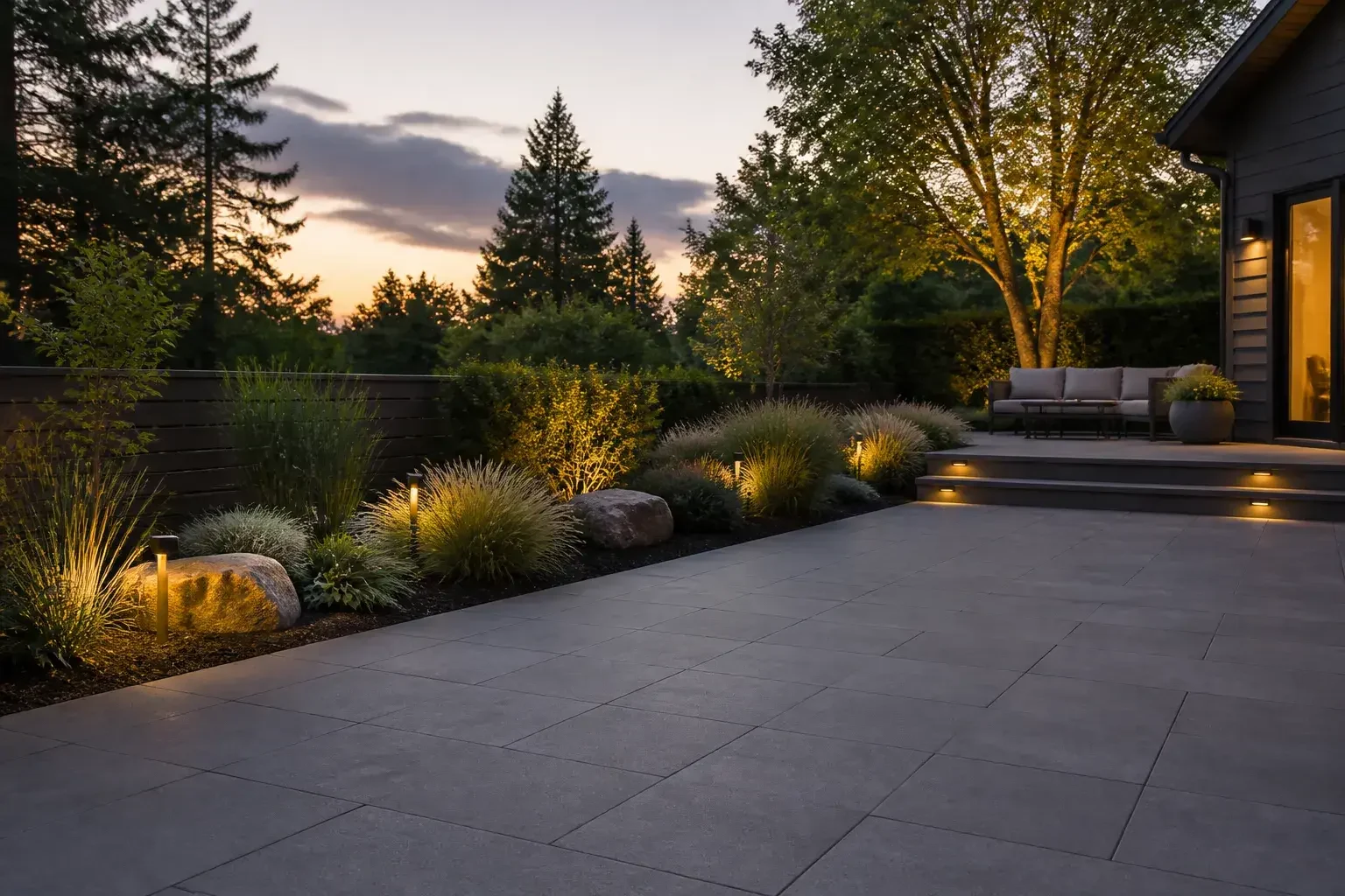 Wide dusk patio and garden scene with room for text