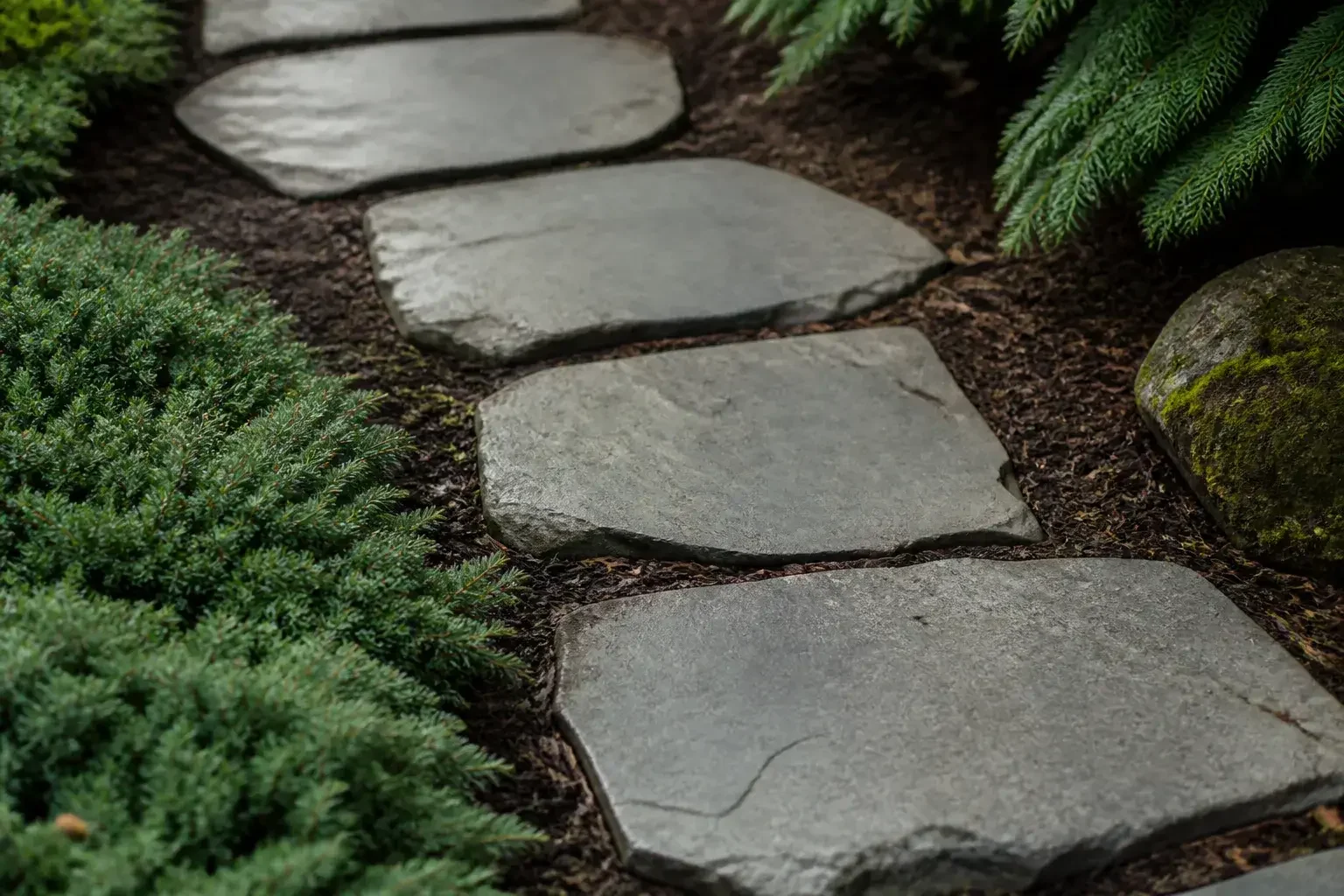 Finished stone stepping path with clean garden edging