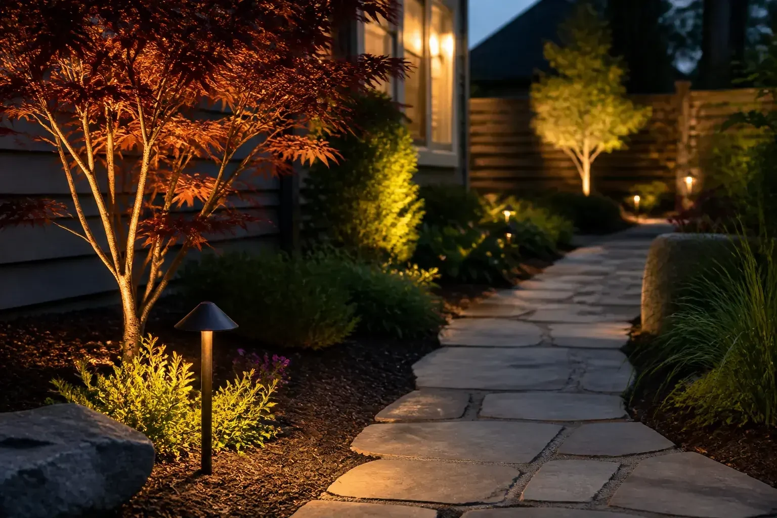 Finished garden lighting along a stone walkway
