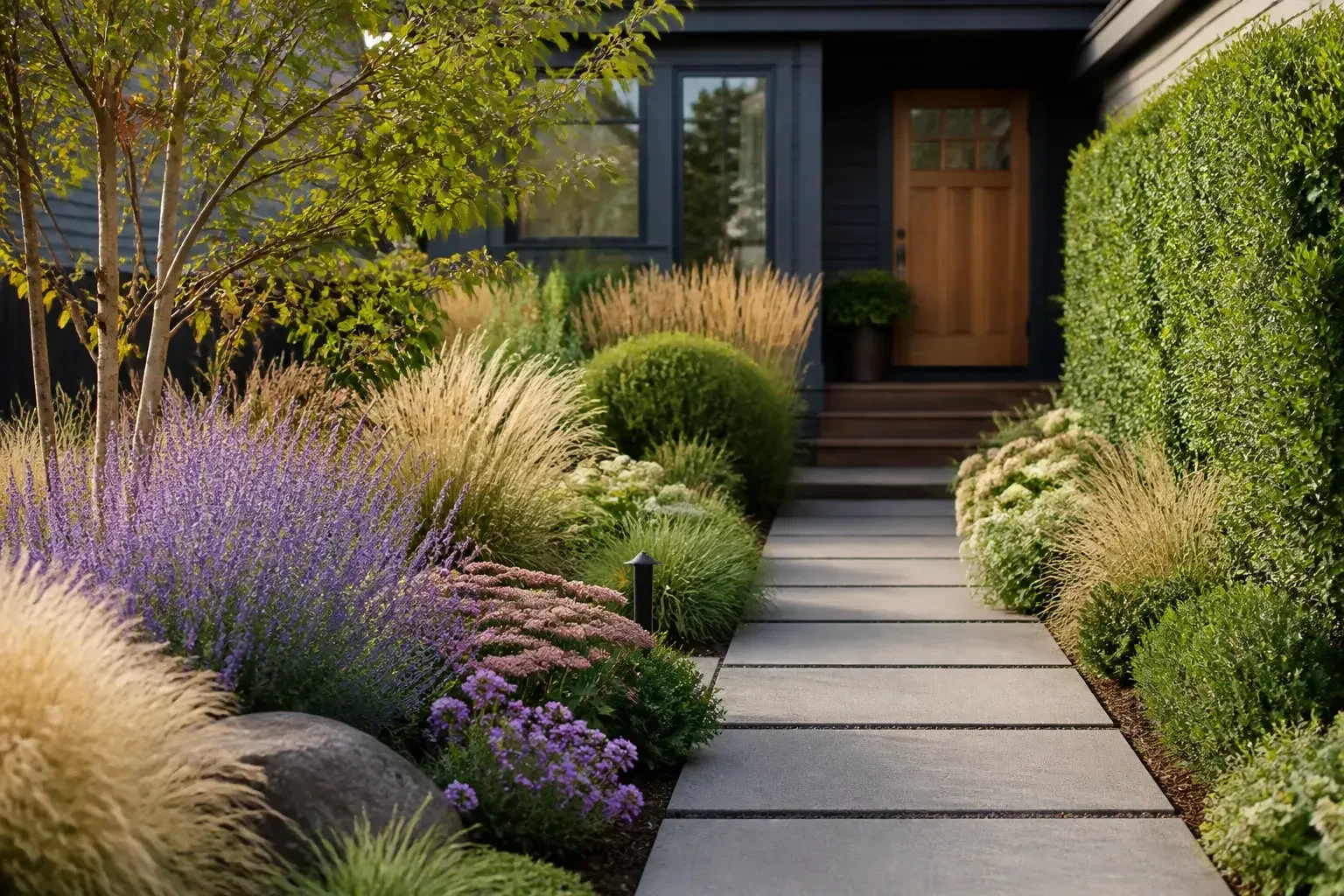Finished landscape design with balanced planting layers