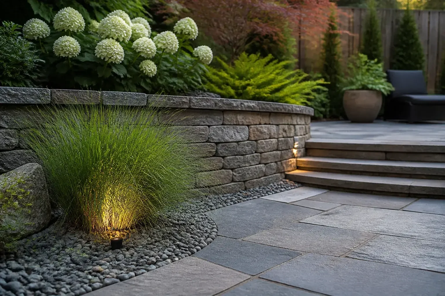 Completed backyard hardscape with stone pavers and retaining wall