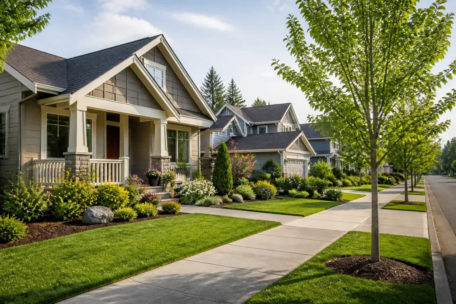 Beaverton neighborhood with manicured lawns and young street trees