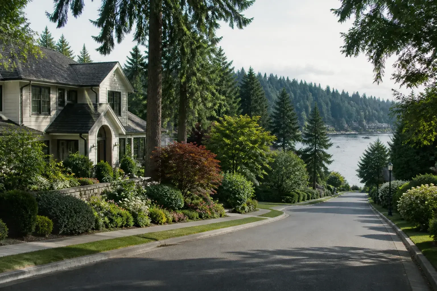 Lake Oswego residential street with lush evergreen landscaping