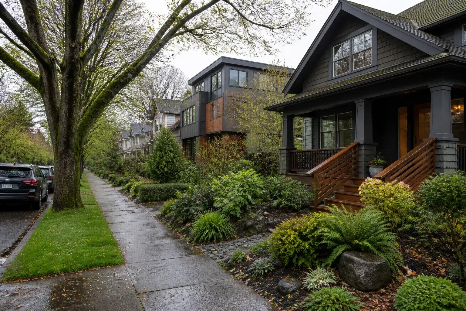 Portland residential street with mature trees and tidy gardens