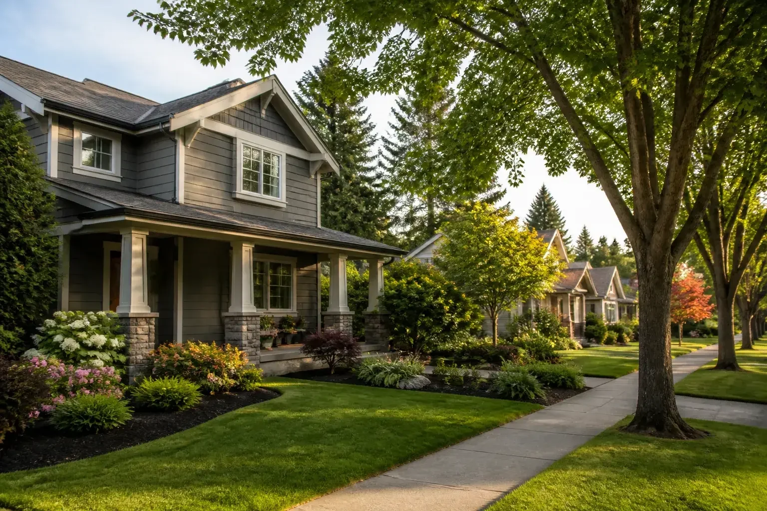 Tigard neighborhood with tidy homes and structured planting beds