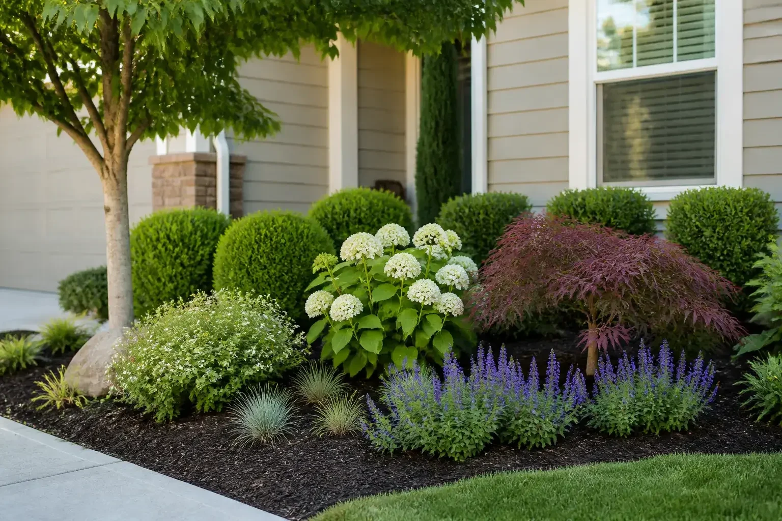 Fresh seasonal plantings and neatly pruned shrubs