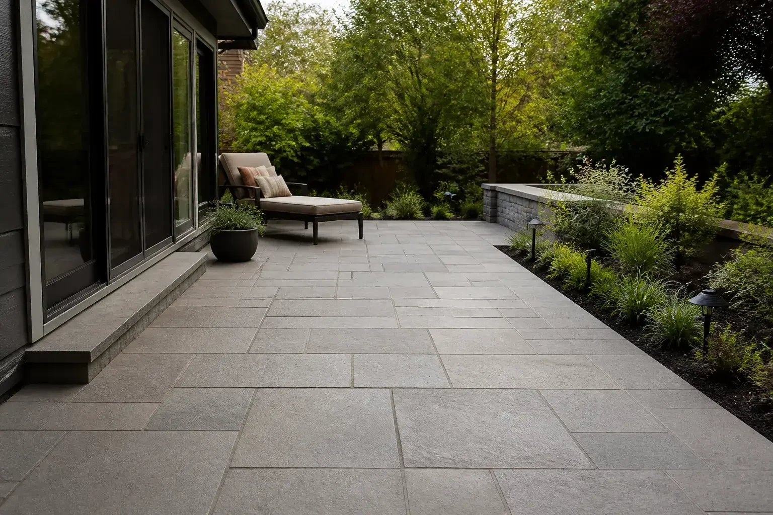 Modern residential patio with large stone pavers