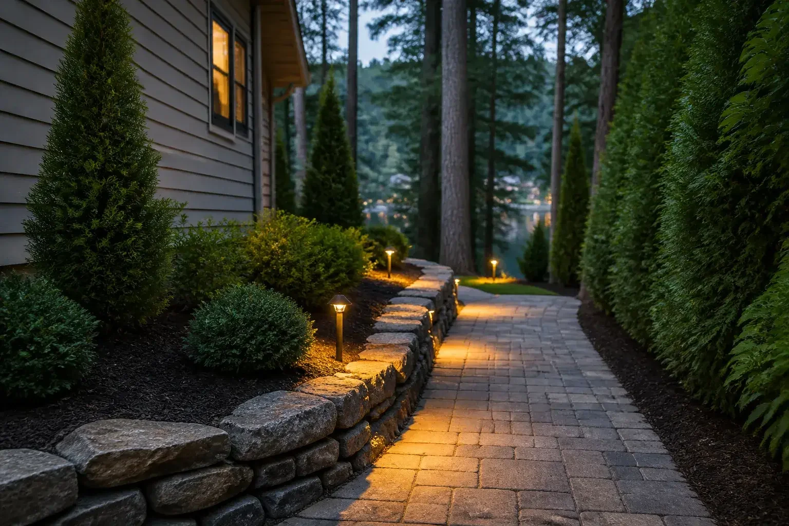 Landscaped side yard with path lights at night